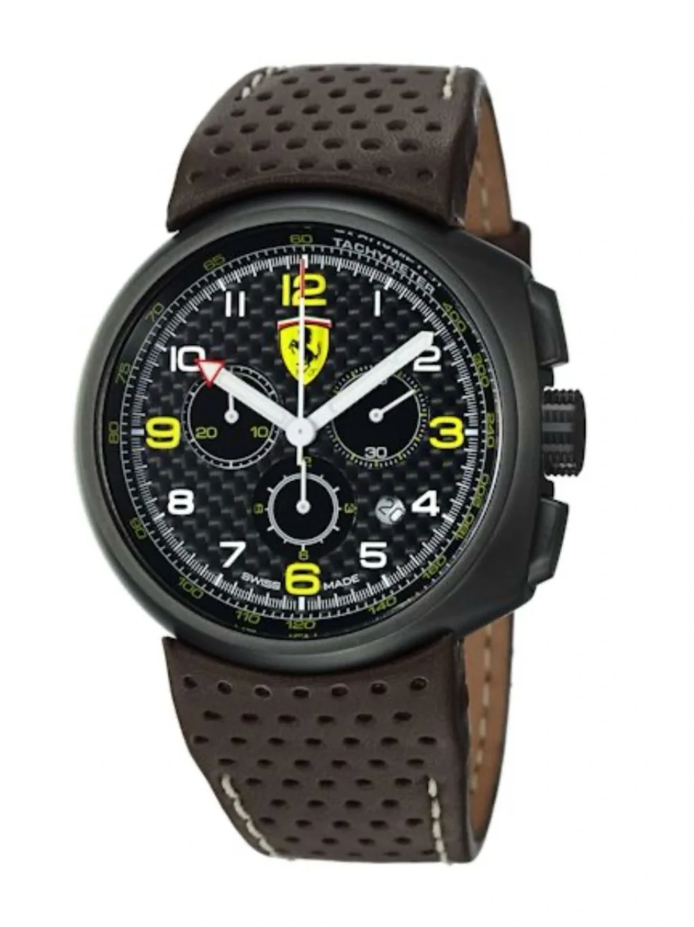 Ferrari F1 classBlack Dial Chronograph Watch with Yellow Accents and Brown Strap